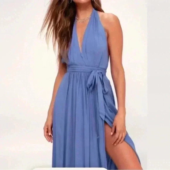 Lulu's Magical Movement Periwinkle Blue Wrap Halter Neck Maxi Dress Size M - Picture 1 of 9